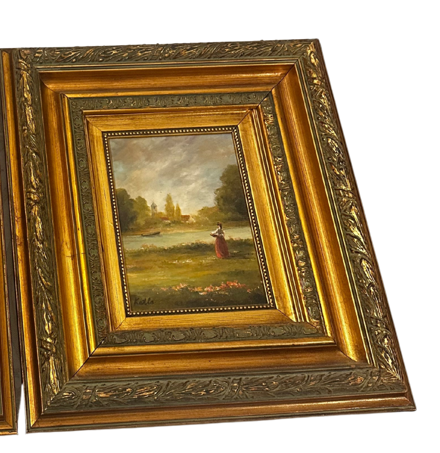 20th C Oil on Wood Panel of Pastoral Genre Scene with Woman in Meadow with Church Steeple and Cottages in Background (Signed Katla)