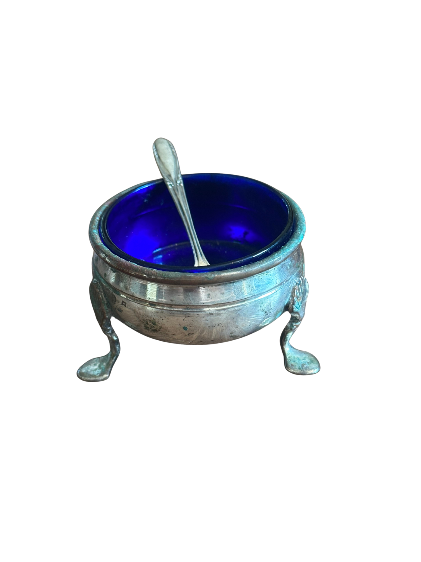 Silver Salt Cellar with Shell Legs (Tarnish) with Cobalt Blue Insert and Sterling Silver Spoon