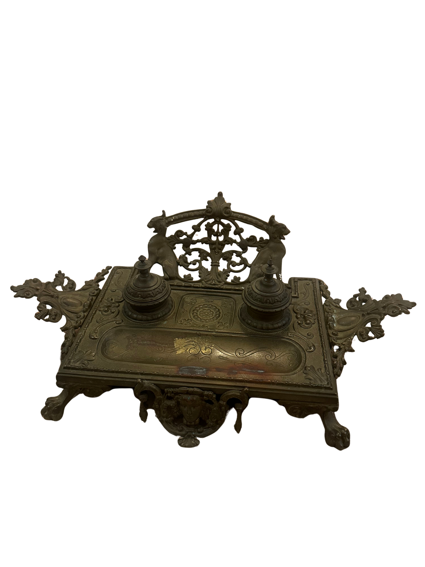 Rococo Revival Brass Double Inkwell Desk Stand with Heraldic Griffins and Maskaron Mount