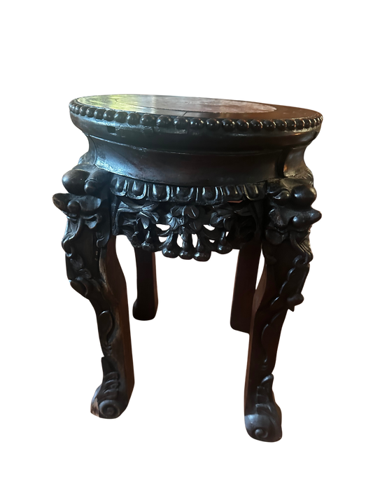 Late 19th/Early 20th C Asian Carved Wood Plant Stand with Pink Marble Top