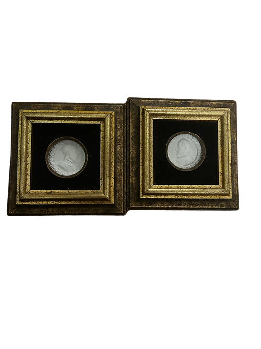 Pair of Plaster Male Cameos in Square Wooden Frames with Black Velvet Matting
