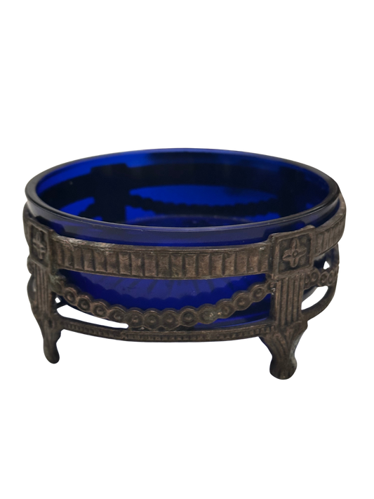 Silver Metal Caged Cobalt Blue Glass Bon Bon Dish (Patinated)
