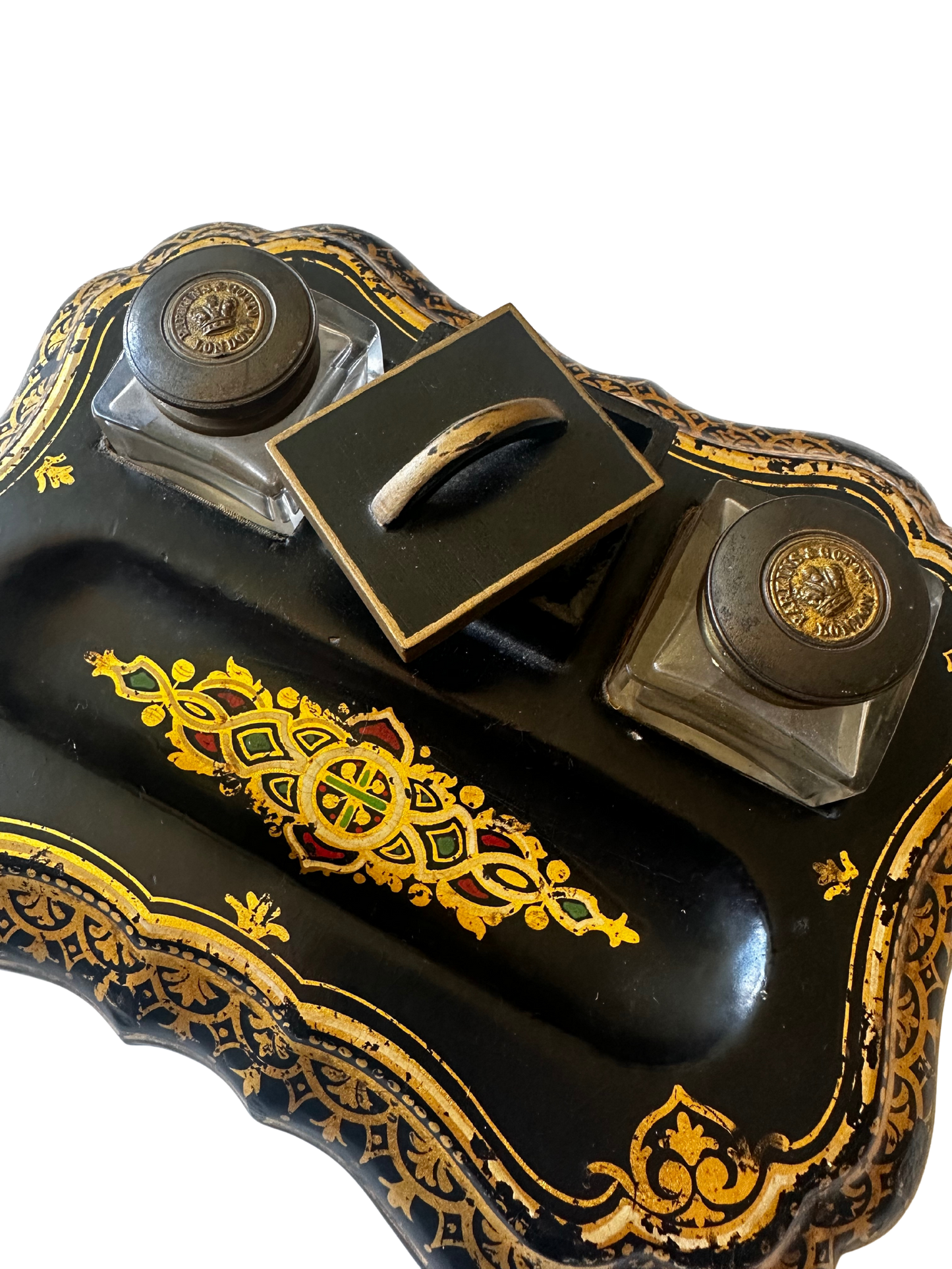 19th C Parkins & Gotto Black Lacquer Victorian Papier Mache Inkwell Set
