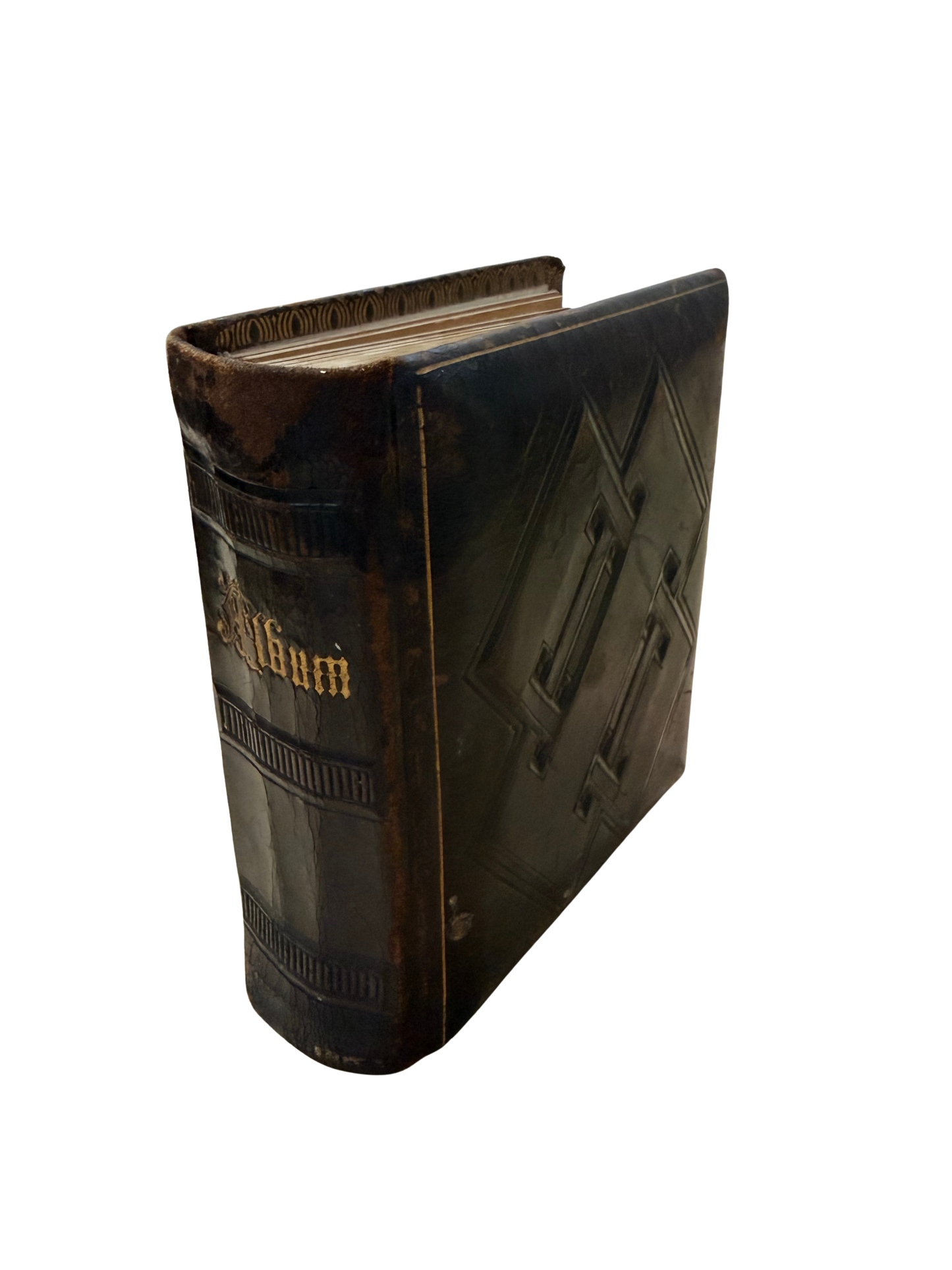 Victorian Leather-Bound Photograph Album with Gilt-Edged Pages and Brass Clasp