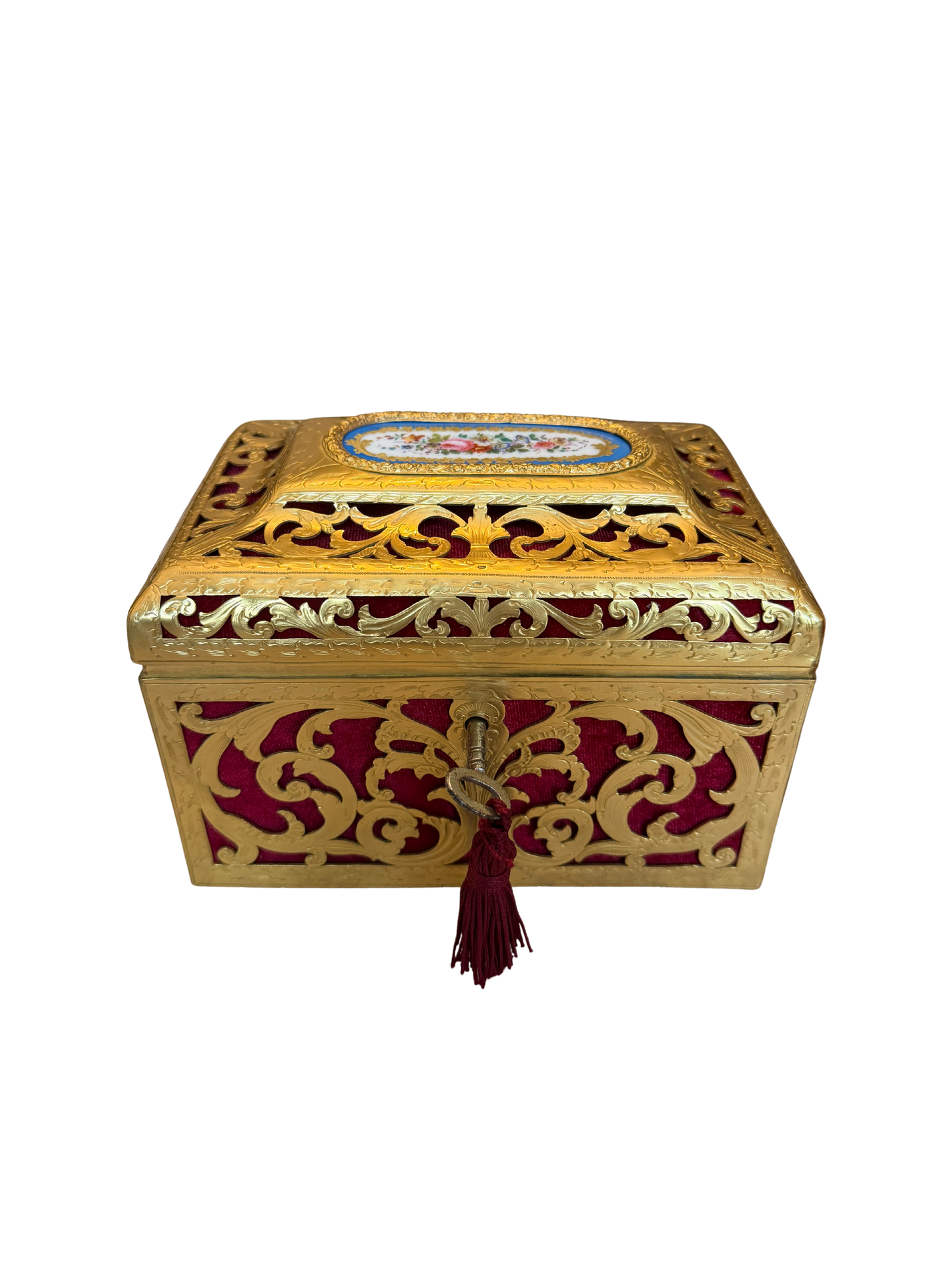 20th C Napoleon III Style Pierced Brass and Sèvres-Style Porcelain Plaque Table Box