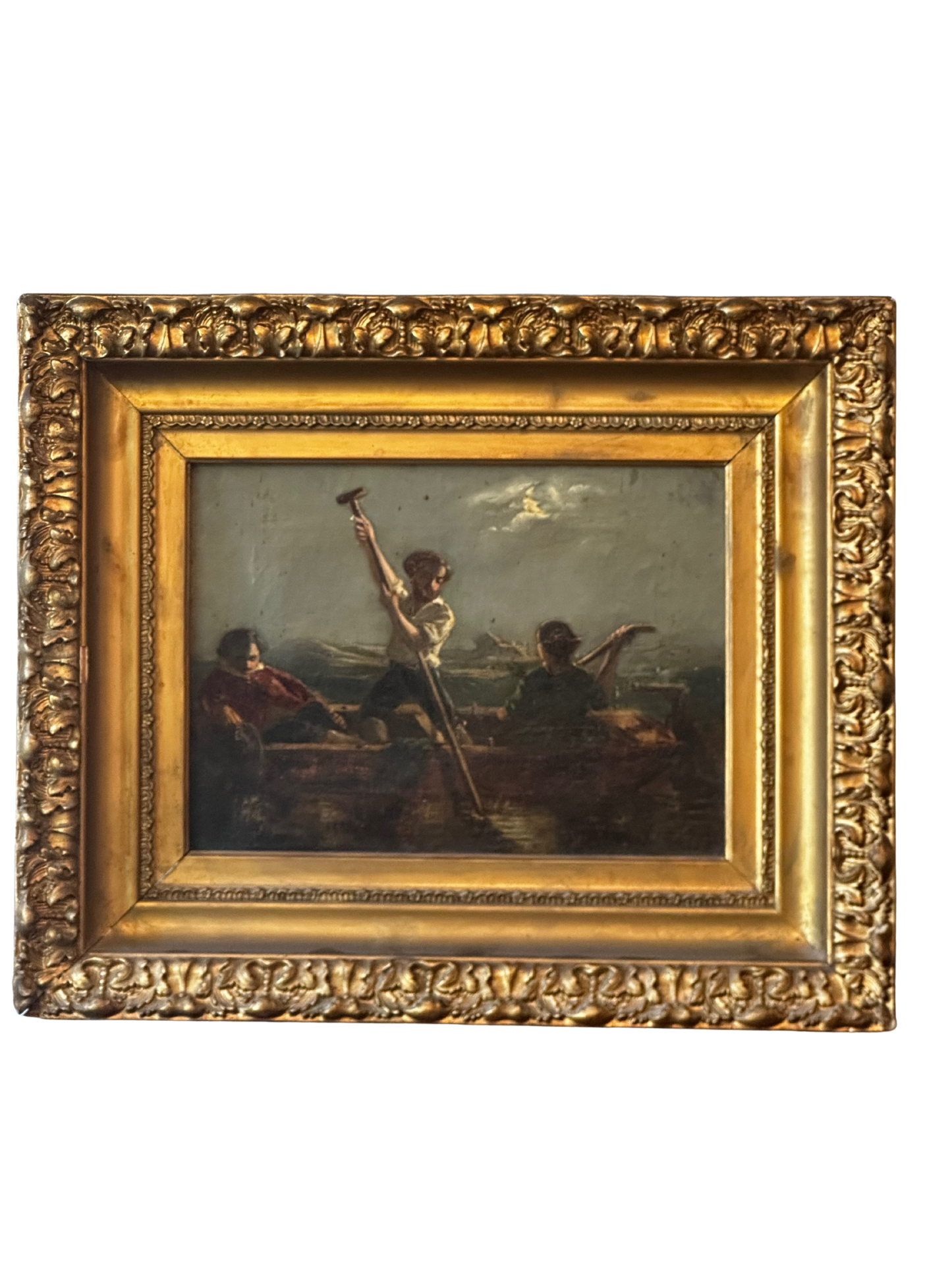 19th C Oil on Canvas of Two Men and a Woman in a Boat