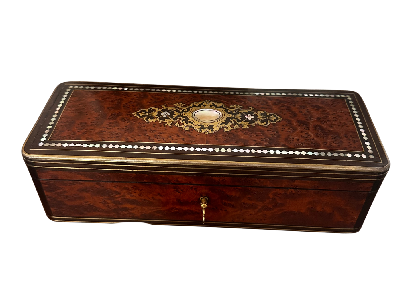 Mid 19th C French Burl Wood with Mother of Pearl and Brass Inlaid Glove Box with Key