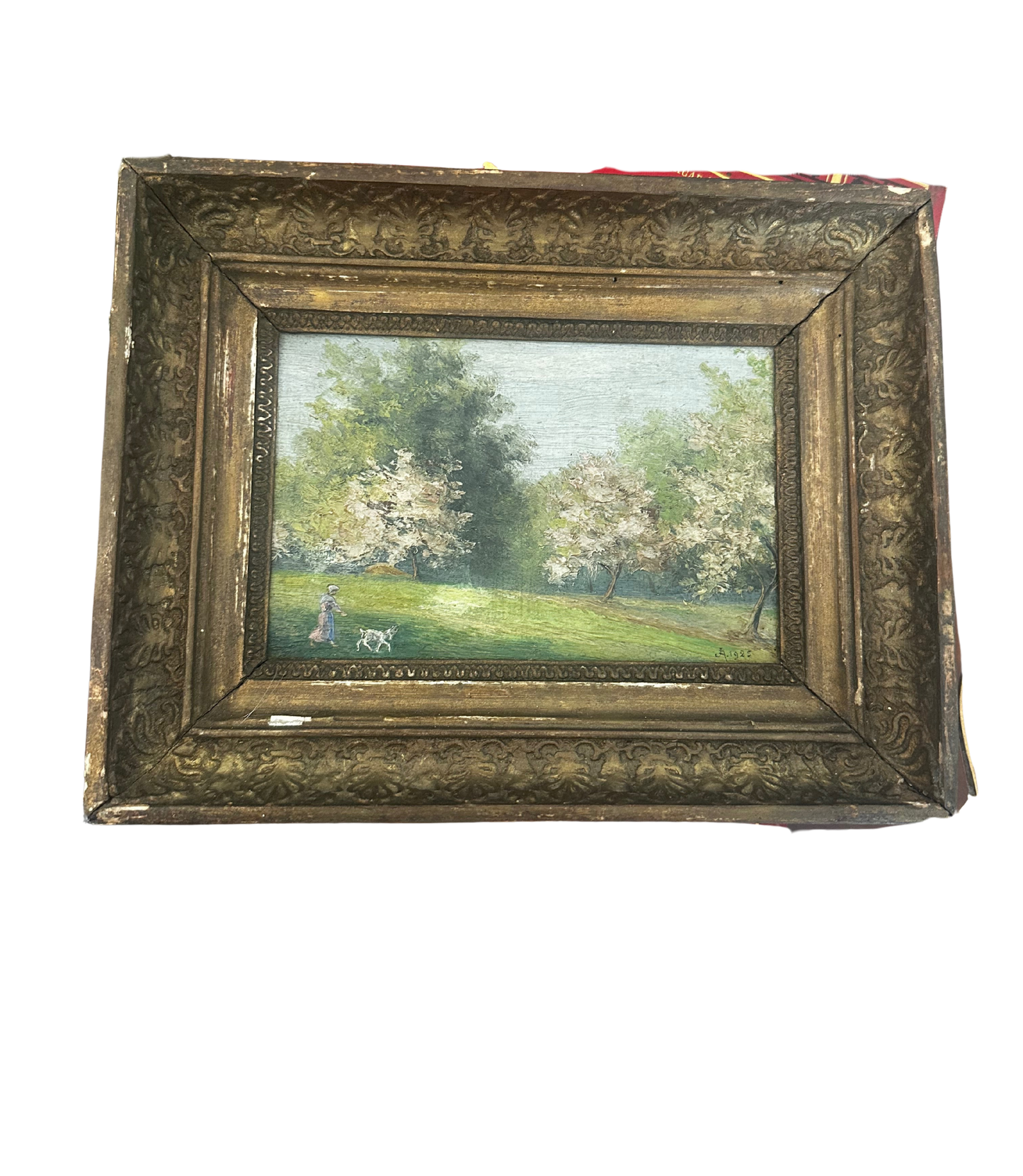 Early 20th C French Plein-Air Landscape of Park with Young Woman and Dog (Signed A and Dated 1925)