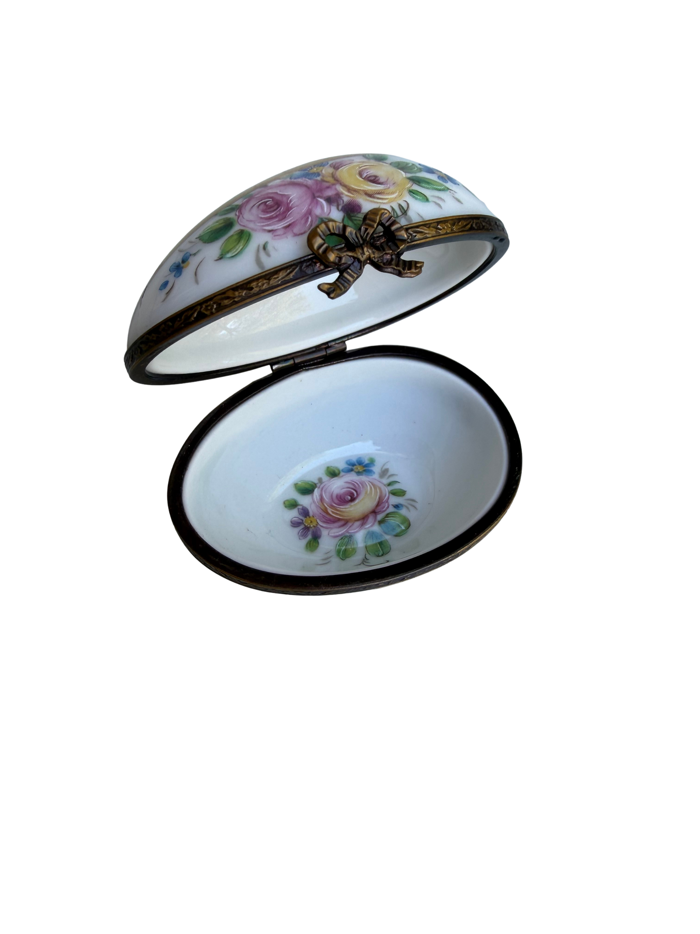 Vintage French Limoges Hand-Painted Porcelain Floral Egg Trinket Box with Gilt Mounts