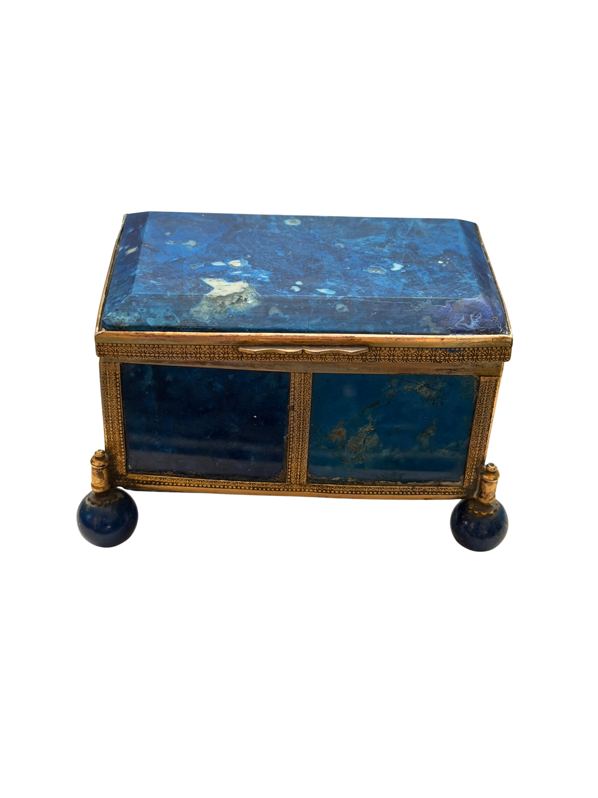 Antique French Lapis Lazuli Casket Box, with Gilt Brass Mounts and Spherical Feet, Circa 1880–1900