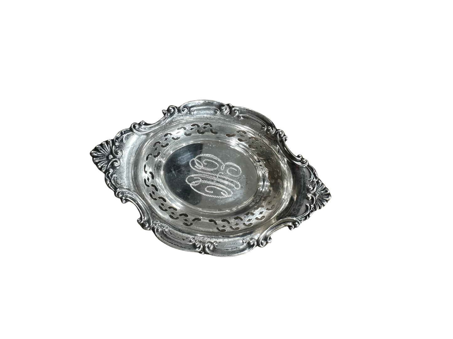 Gorham Sterling Silver Pierced Nut or Bon Bon Dish, Monogrammed “EAO”