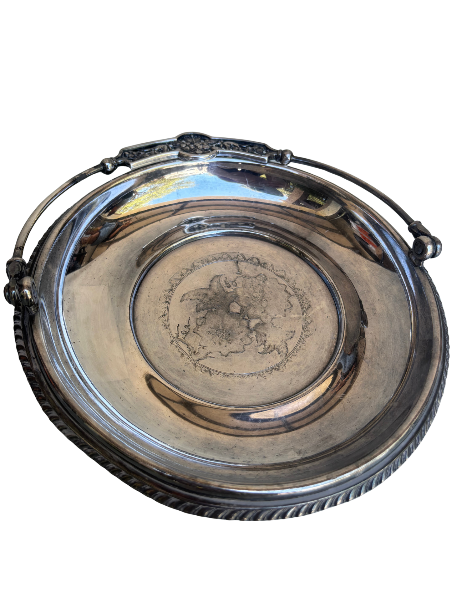 Victorian Silverplate Brides Basket Centerpiece with Figural Floral Swing Handle