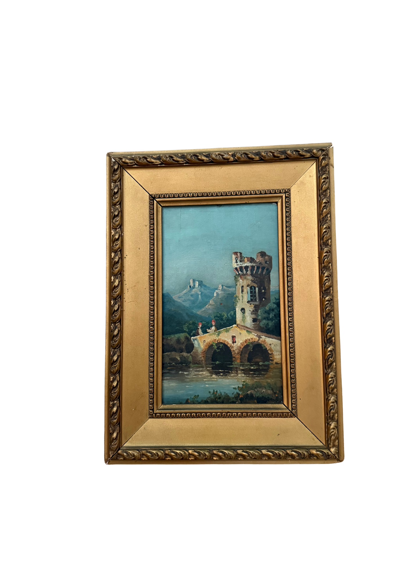 Vintage Italian School Oil Painting of a Romantic Castle Bridge and Mountain Landscape