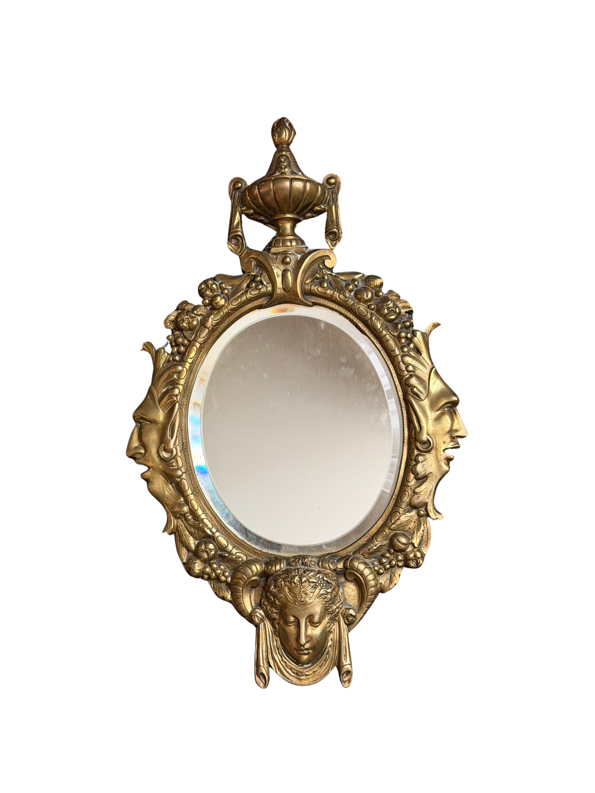 Antique French Renaissance Revival Gilt Brass or Bronze Wall Mirror with Crescent Moon Faces and Classical Mascaron, Circa 1880–1900
