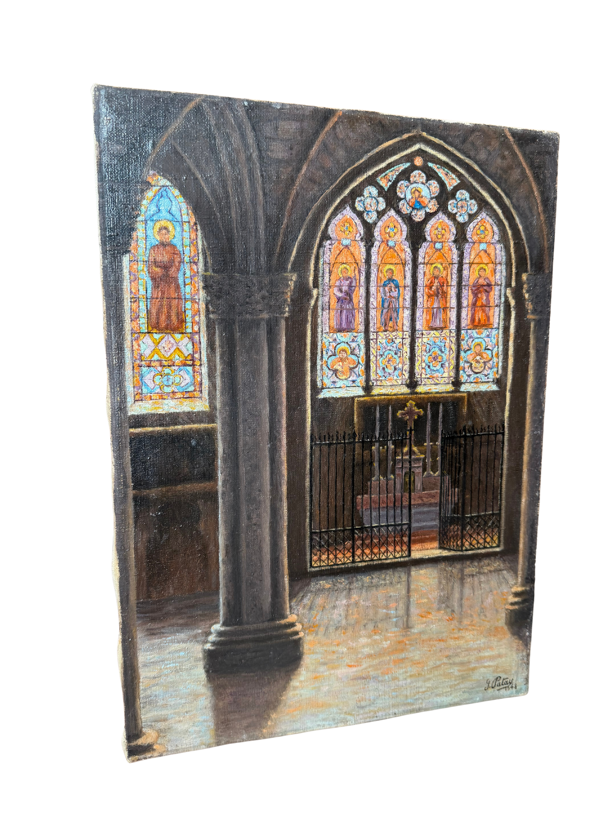 1948 Signed Church Interior with Stained Glass, Oil on Canvas by J. Patay