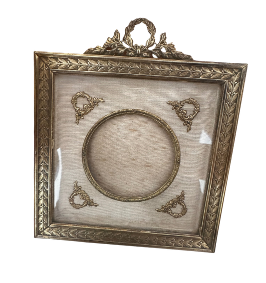Late 19th to Early 20th C French Ormolu and Silk Portrait Frame with Laurel Leaf Garlands and Wreaths (c. 1880-1910)