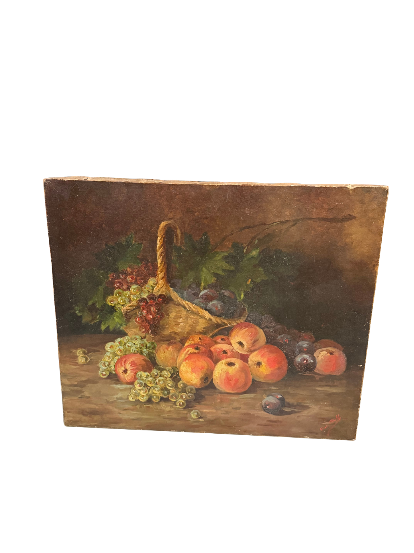French School Still Life of Fruit with Wicker Basket, Signed (Marie Chev… / Cheval? – indistinct)