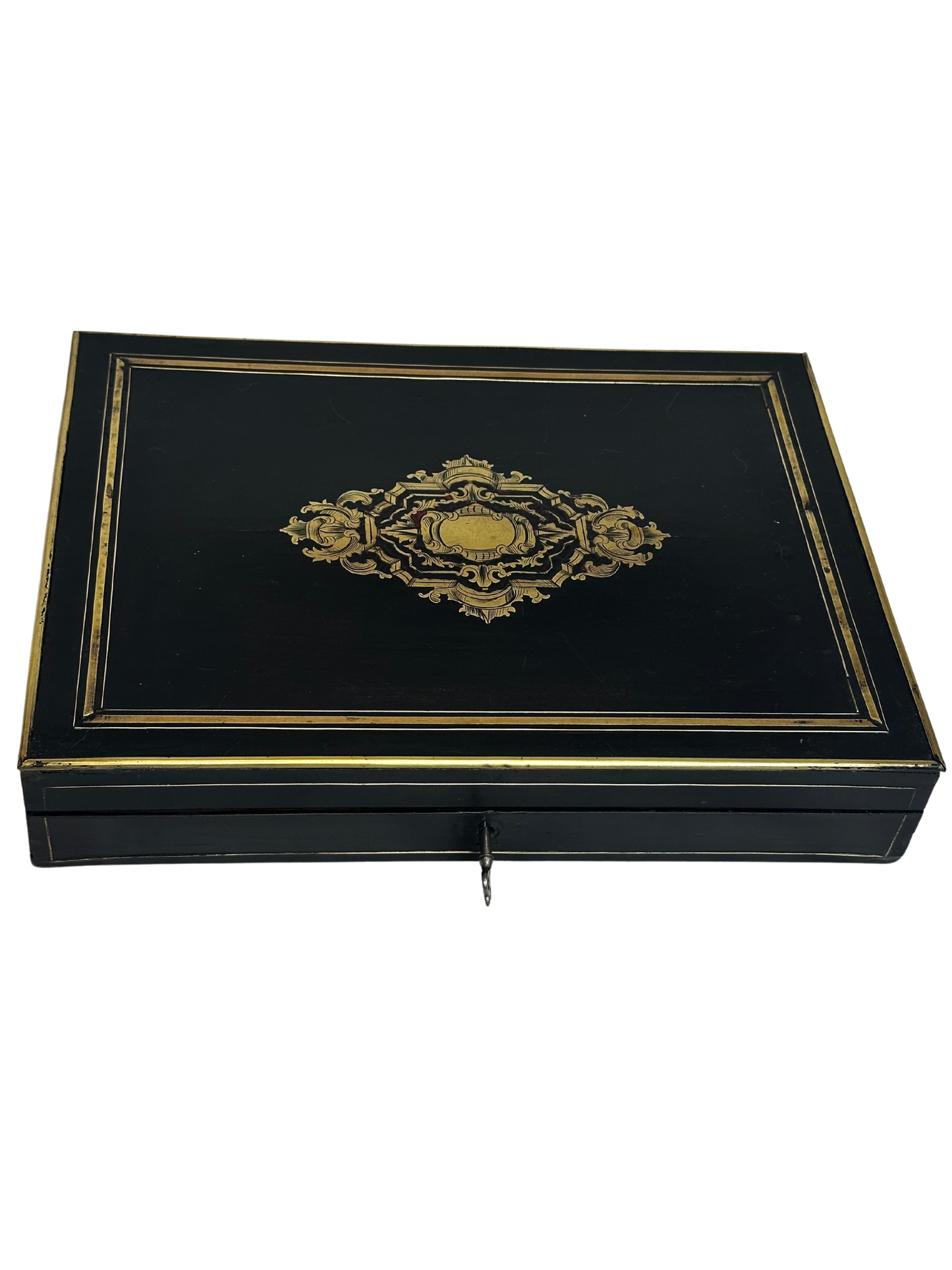 19th C Napoleon III Boulle Style Games Box with Key and Original Games Pieces