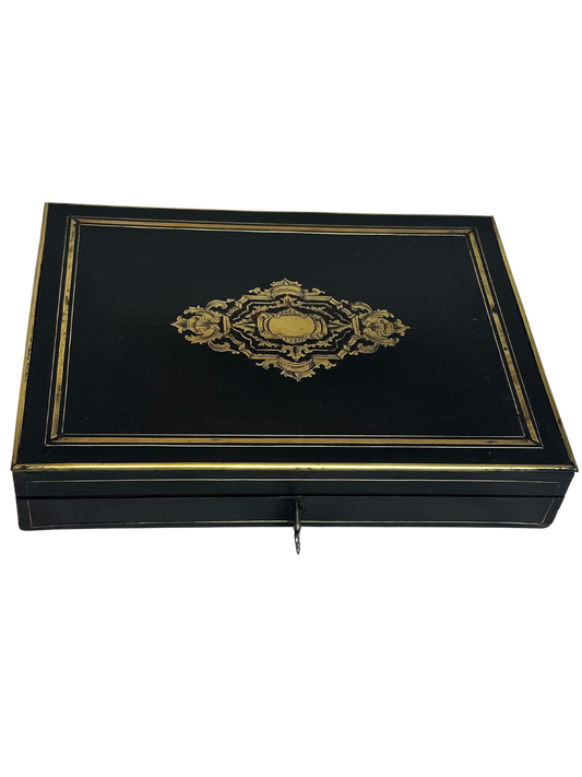19th C Napoleon III Boulle Style Games Box with Key and Original Games Pieces