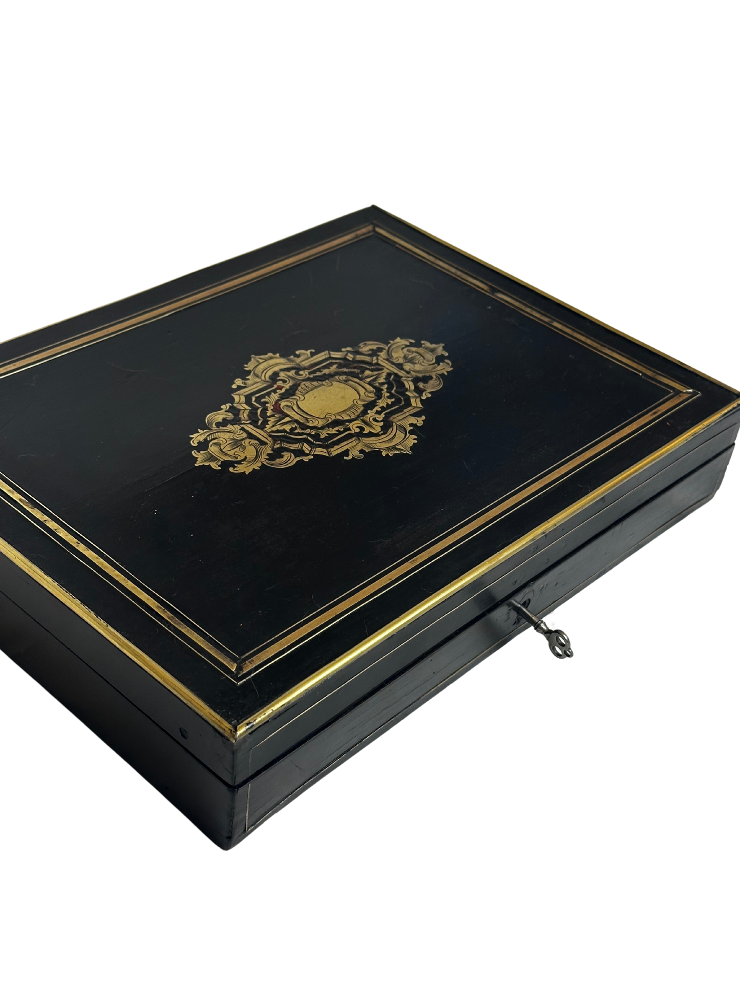 19th C Napoleon III Boulle Style Games Box with Key and Original Games Pieces