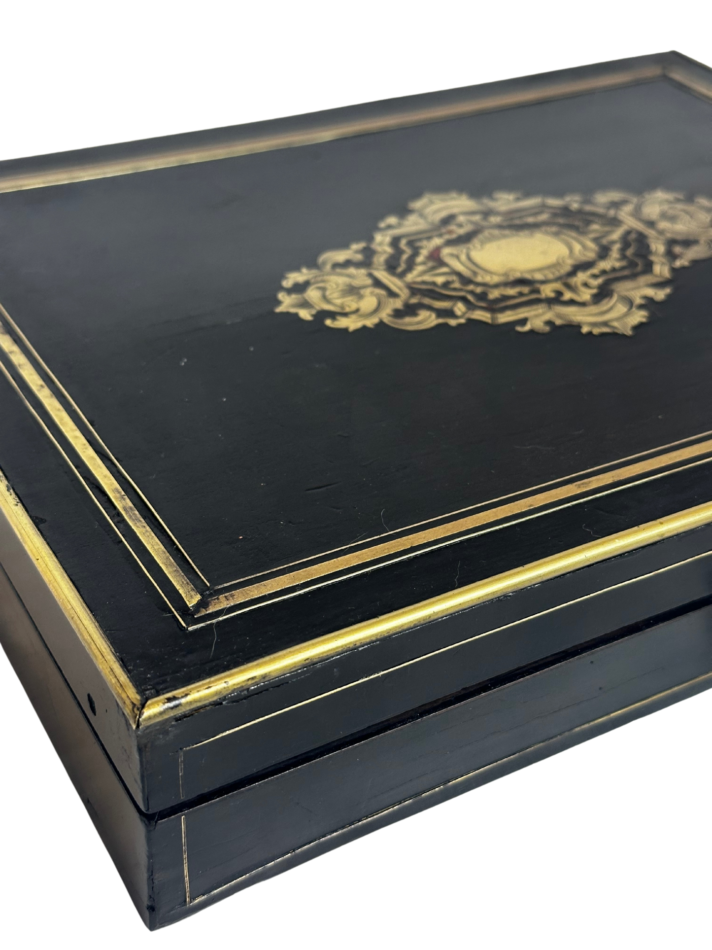 19th C Napoleon III Boulle Style Games Box with Key and Original Games Pieces