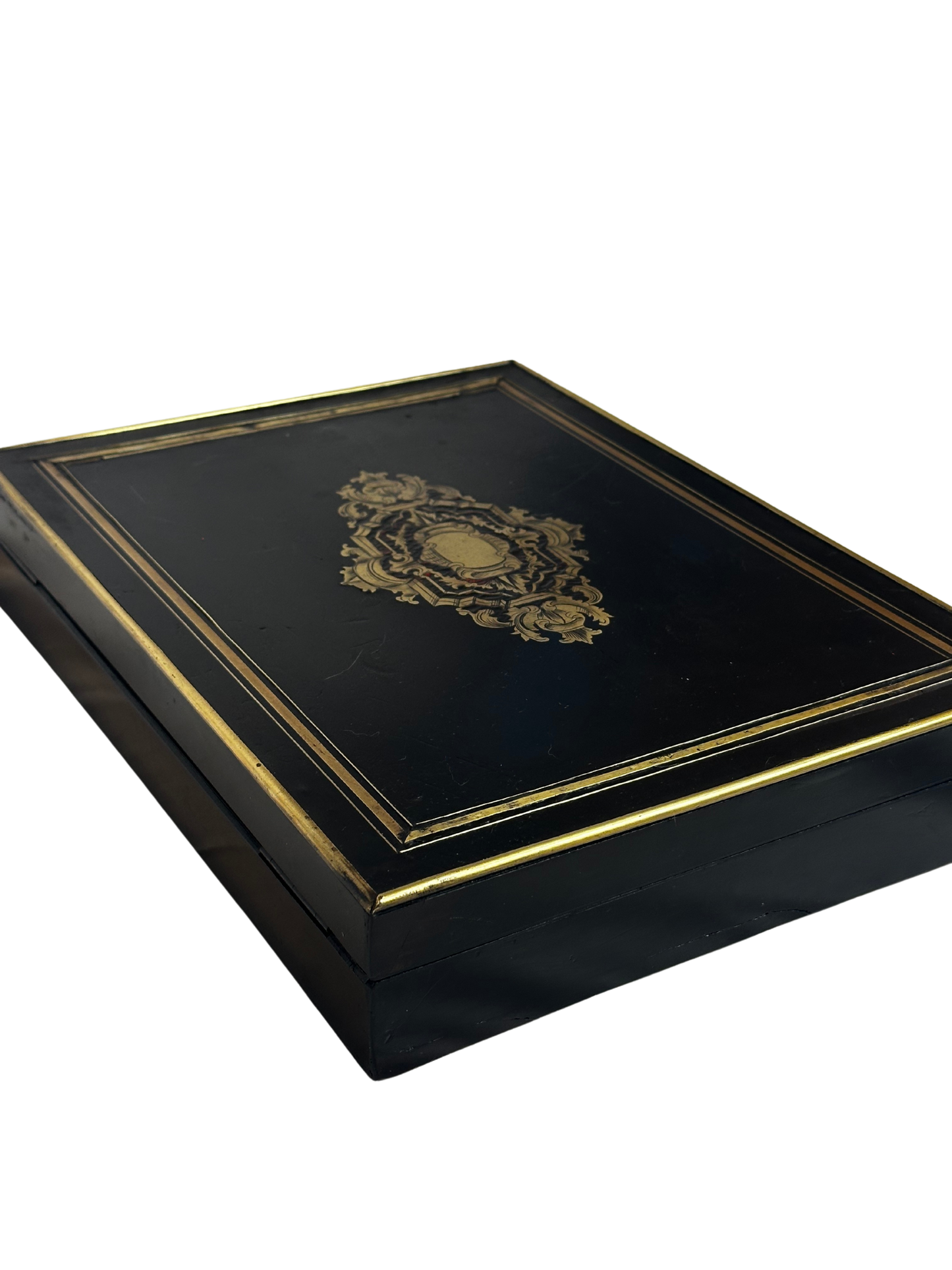 19th C Napoleon III Boulle Style Games Box with Key and Original Games Pieces