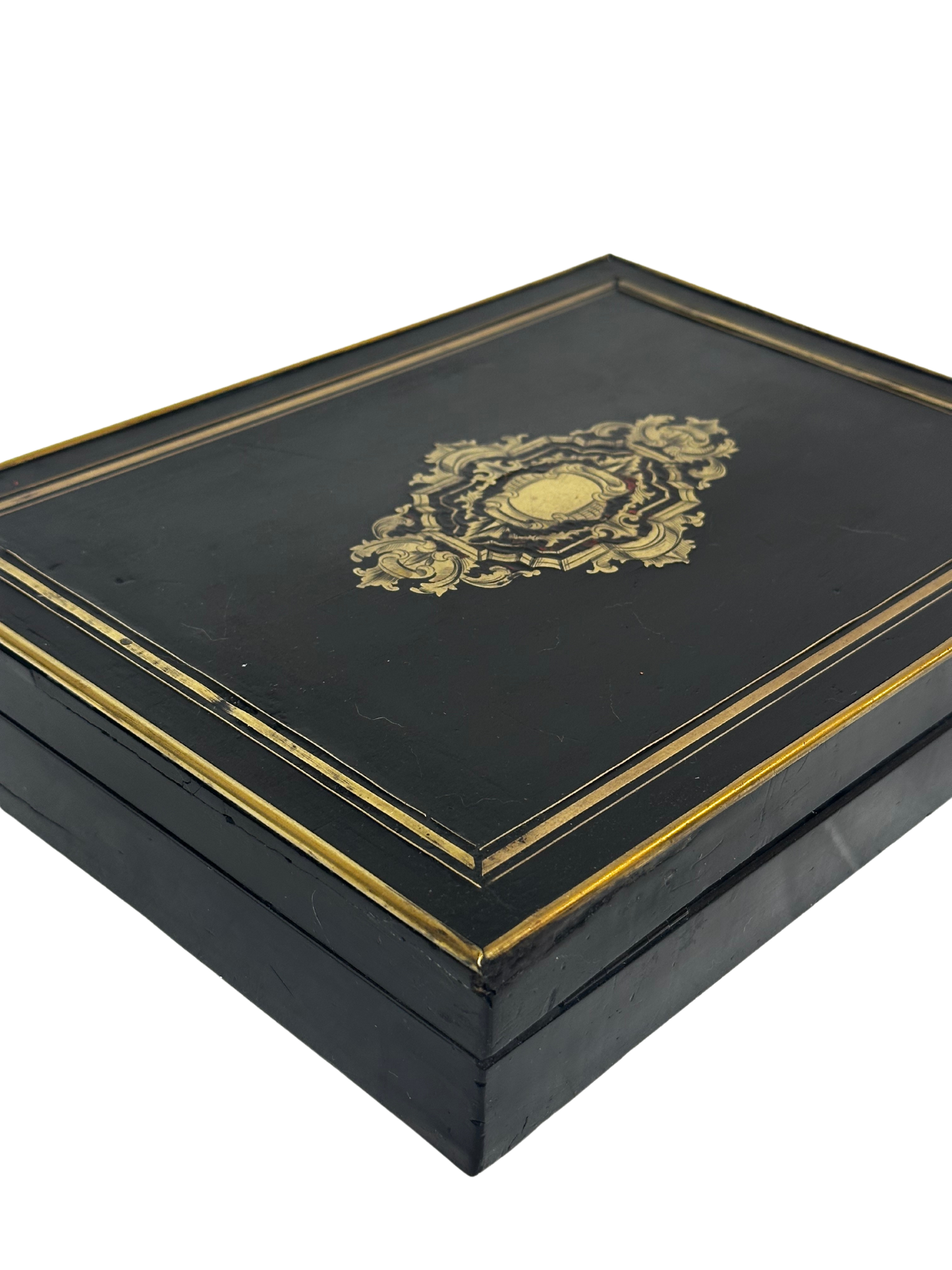 19th C Napoleon III Boulle Style Games Box with Key and Original Games Pieces