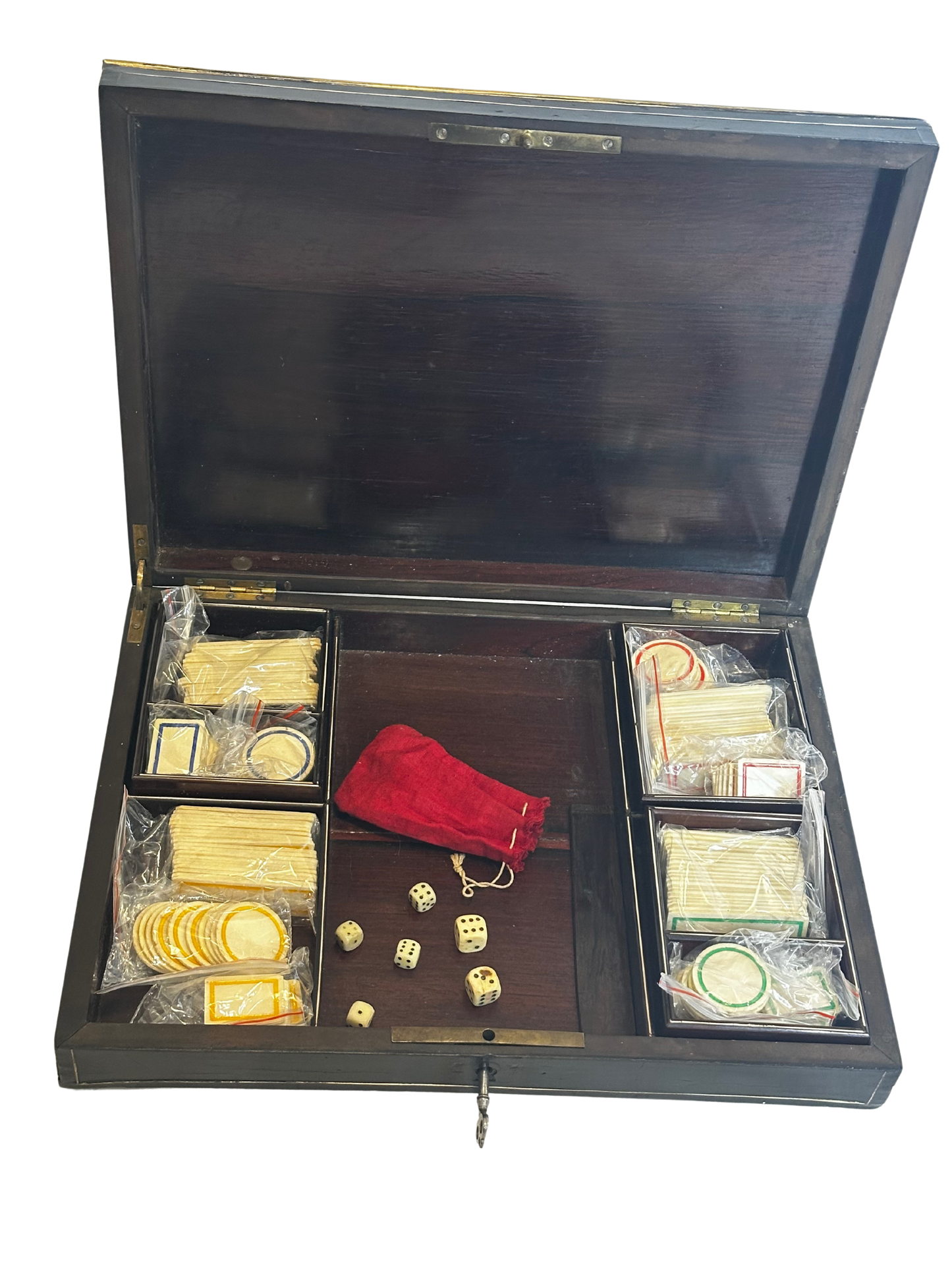 19th C Napoleon III Boulle Style Games Box with Key and Original Games Pieces