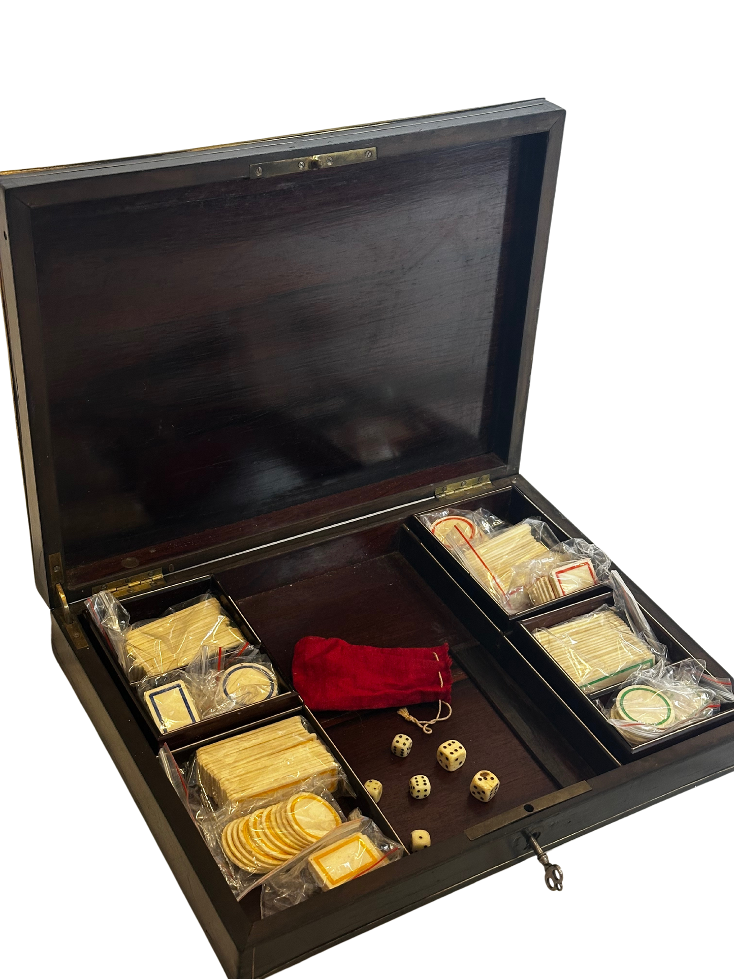 19th C Napoleon III Boulle Style Games Box with Key and Original Games Pieces