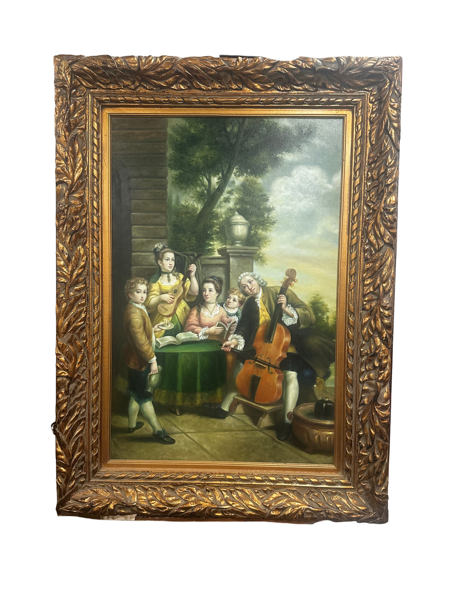 Huge Signed and Ornately Framed Vintage Painting of Family Musicians (35" x 37")