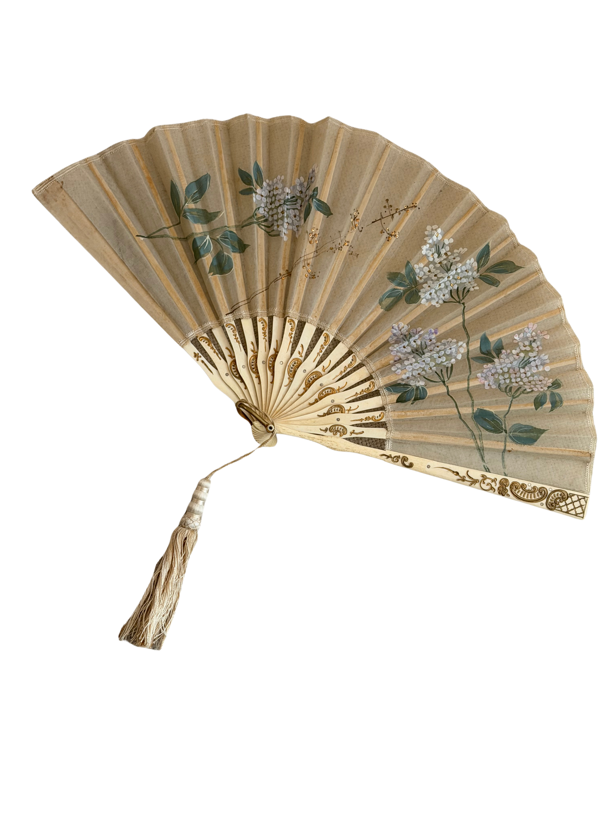 19th Century French Hand-Painted Silk Gauze Fan with Gilt Floral Sticks
