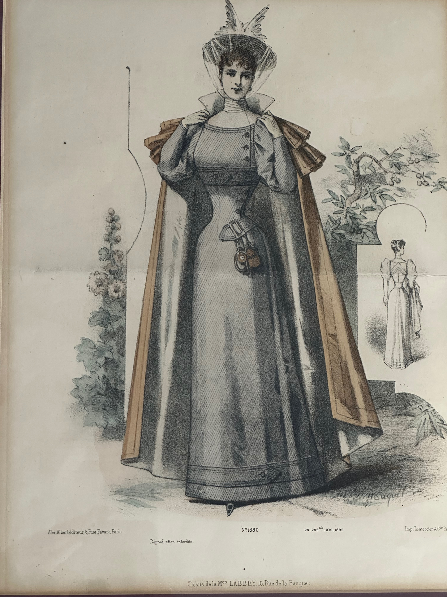 Antique Parisian Fashion Print - Woman in a Blue Dress