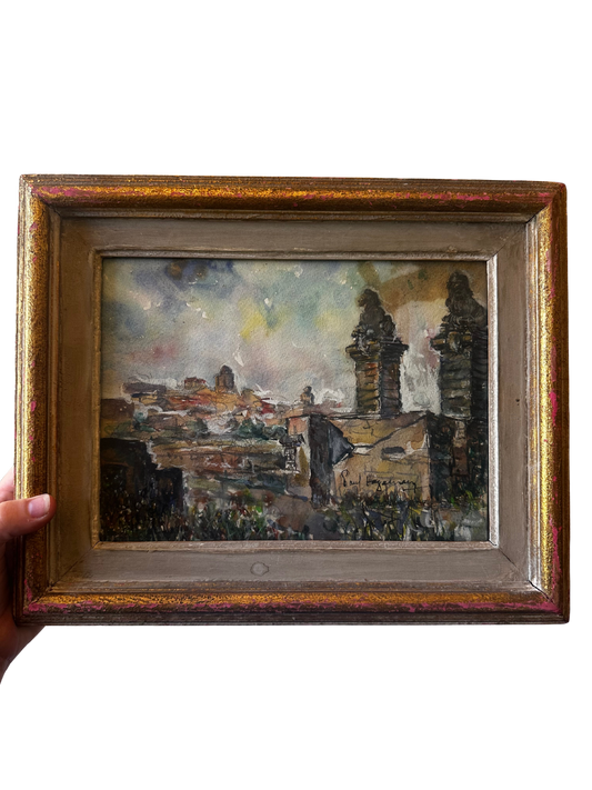 Watercolor on Paper of Cityscape with Lions (Signed Paul Hagmans - Belgian, 1884-1959)