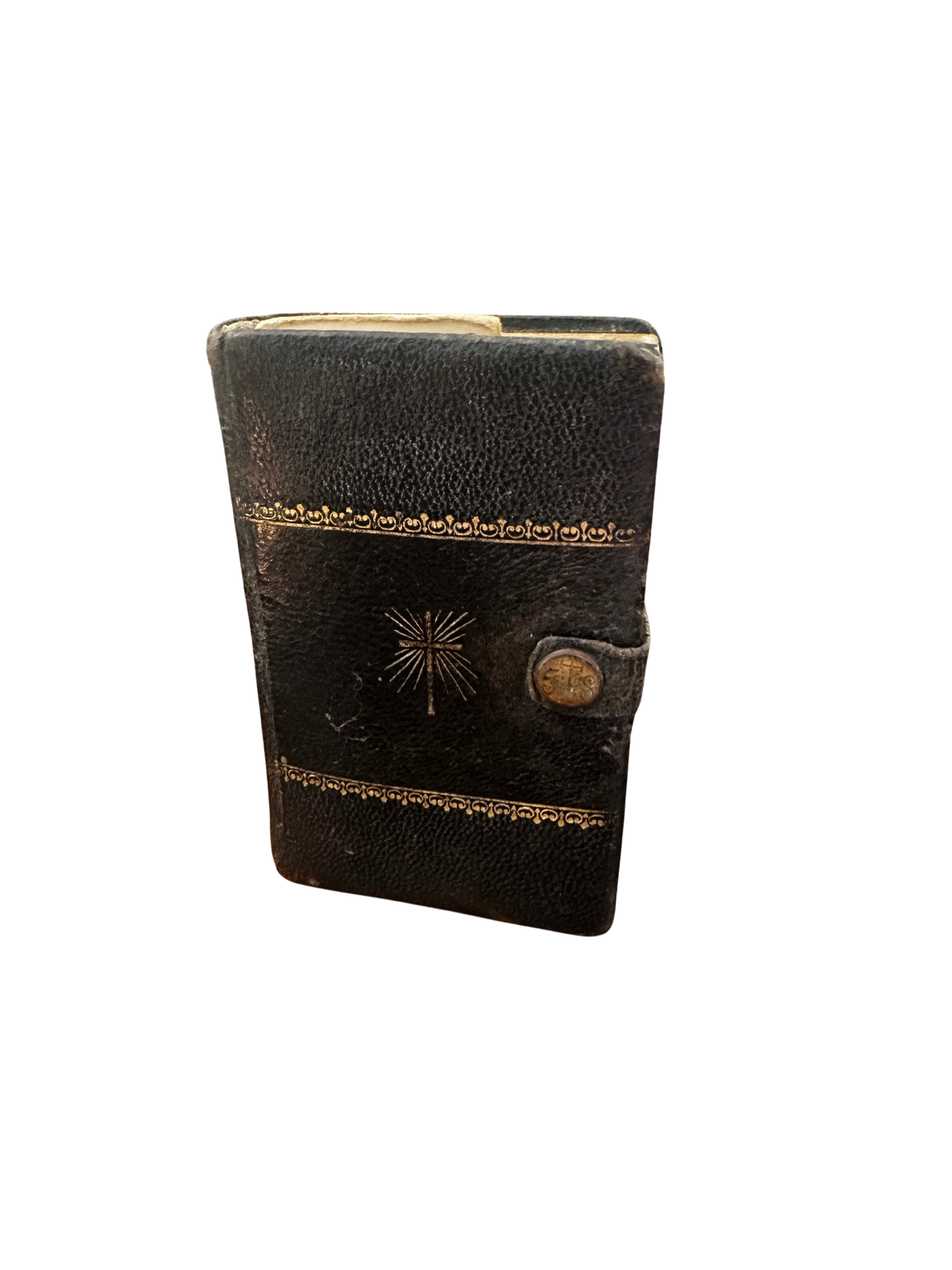 Late 19th C Mini Black Leather Clasp Portuguese Devotional Prayer Book with Inserts