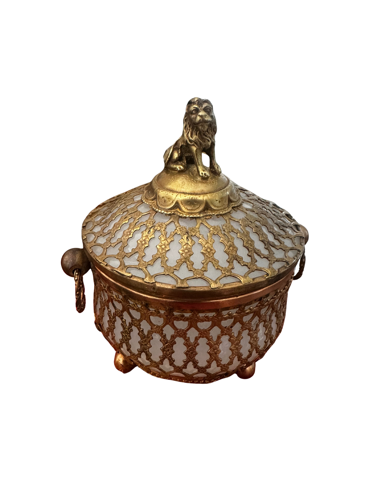 Late 19th C French Ormolu-Caged Opaline Lidded Dish with Lion Finial (Palais Royal)