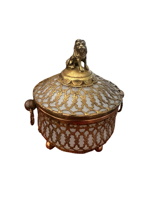 Late 19th C French Ormolu-Caged Opaline Lidded Dish with Lion Finial (Palais Royal)