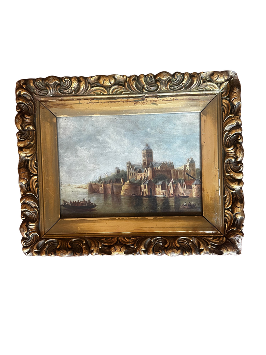 19th C Oil on Canvas of European Fortified Riverside City (Dutch or Flemish) in Giltwood Frame (L Crego & Co Frame)