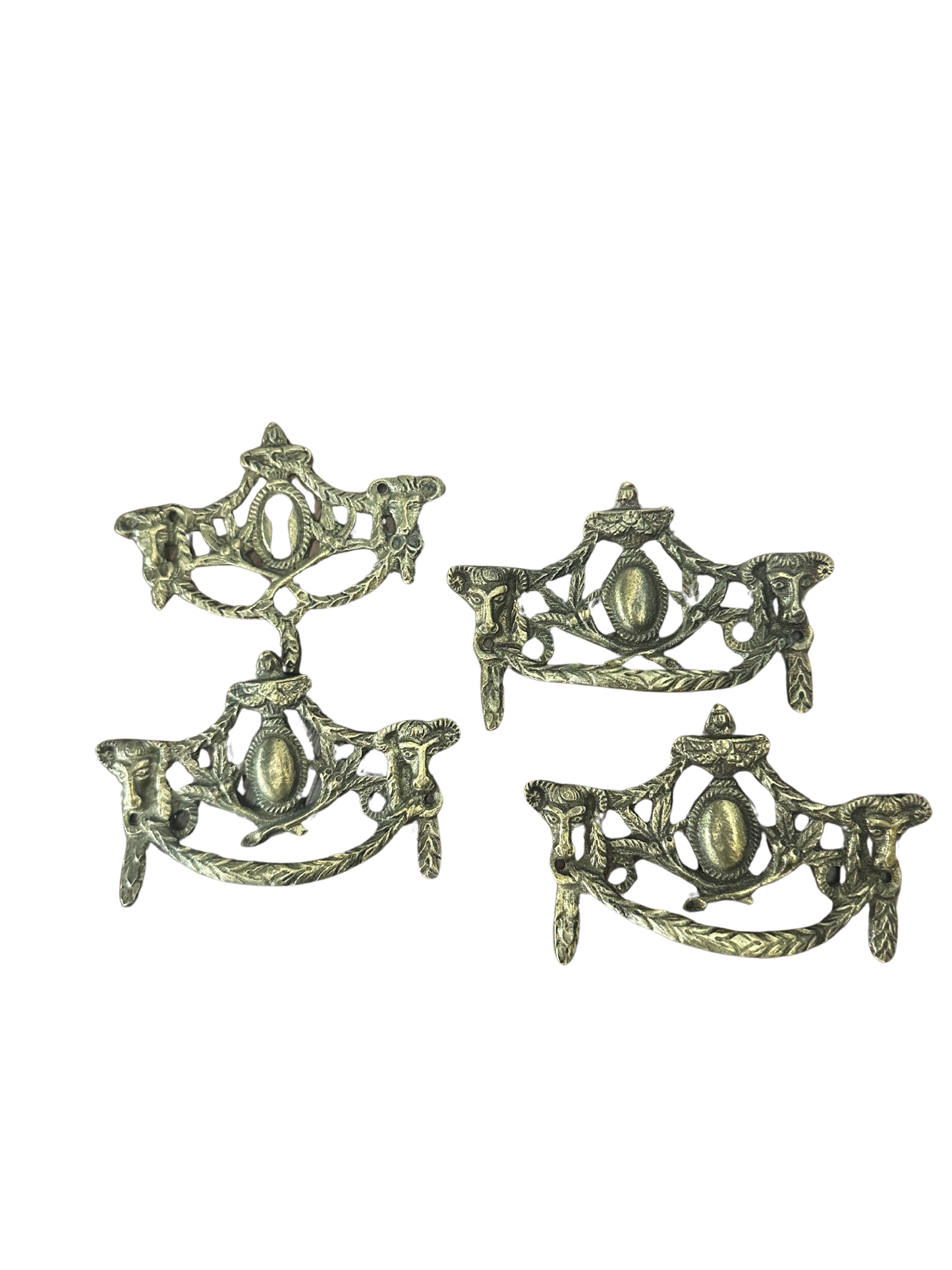 Set of 3 Mini Bronze Bow and Rams Head French Drawer Pulls and 1 Escutcheon