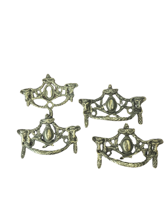 Set of 3 Mini Bronze Bow and Rams Head French Drawer Pulls and 1 Escutcheon