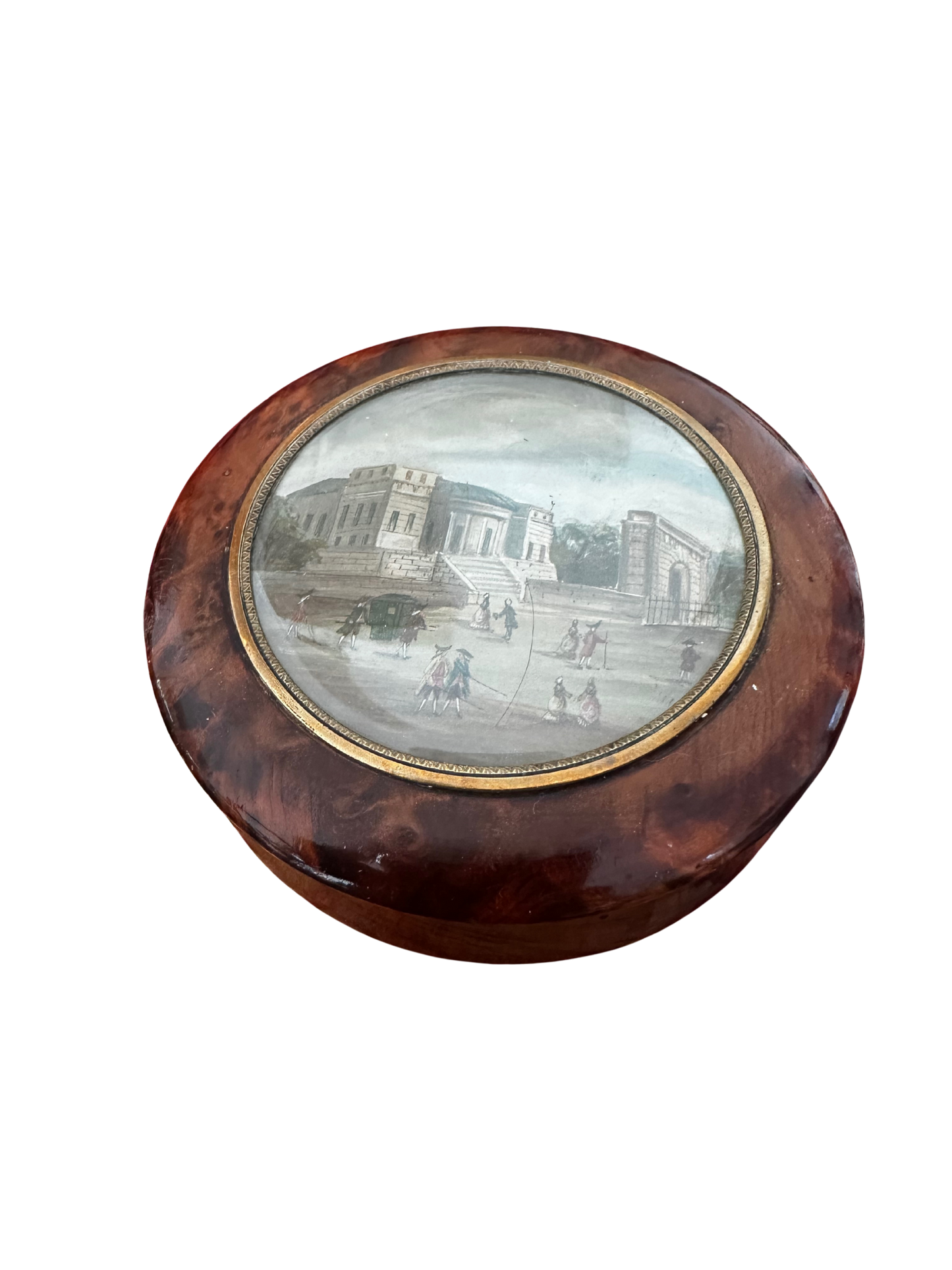 Early 19th C Grand Tour Burl Wood Veneer Snuff Box with Painted Architectural Scene