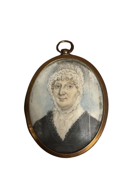 Early 19th C Watercolor on Ivory Portrait of Woman in Bonnet