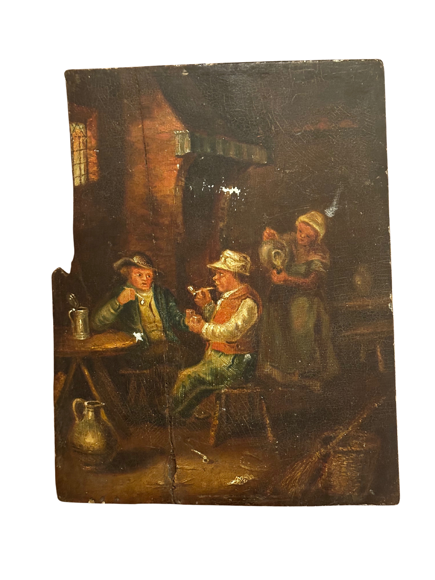 19th C Continental Oil on Wooden Panel of Two Men in a Tavern