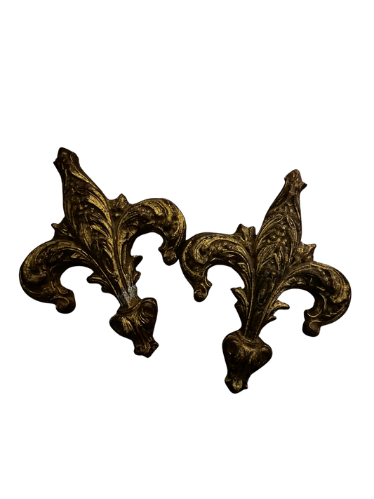 20th C Pair of Italian Fleur de Lis Gilt Wood Ornaments