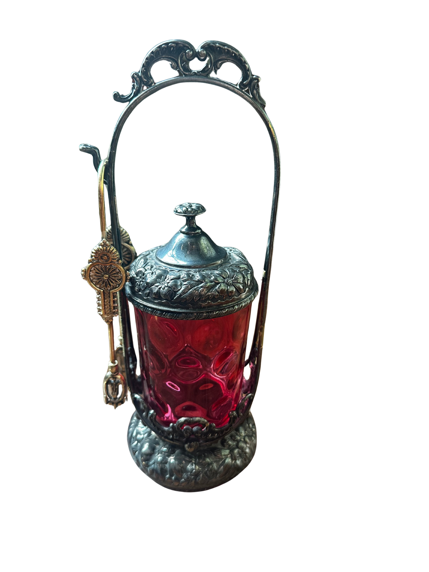 Victorian Cranberry Pickle Jar with Added Tongs
