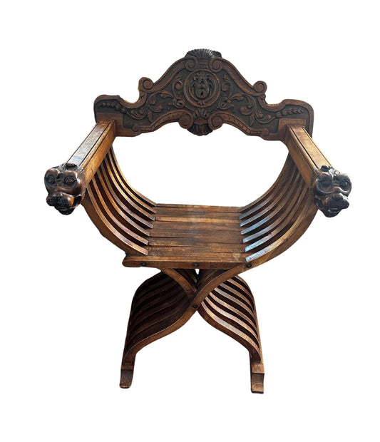 Savonarola Wooden Chair with Heraldic Motif and Lion Heads