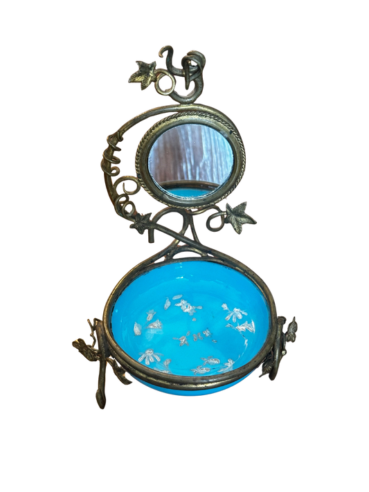 Blue Opaline 1890's Victorian Vanity Tray/Whimsy with Mirror