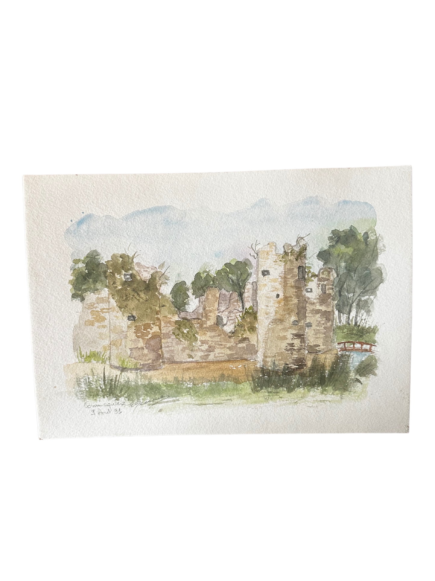 Watercolor on Paper of Chateau de Commequiers (II) (Signed by Regional French Artist Evelyne Devisme; 1991)