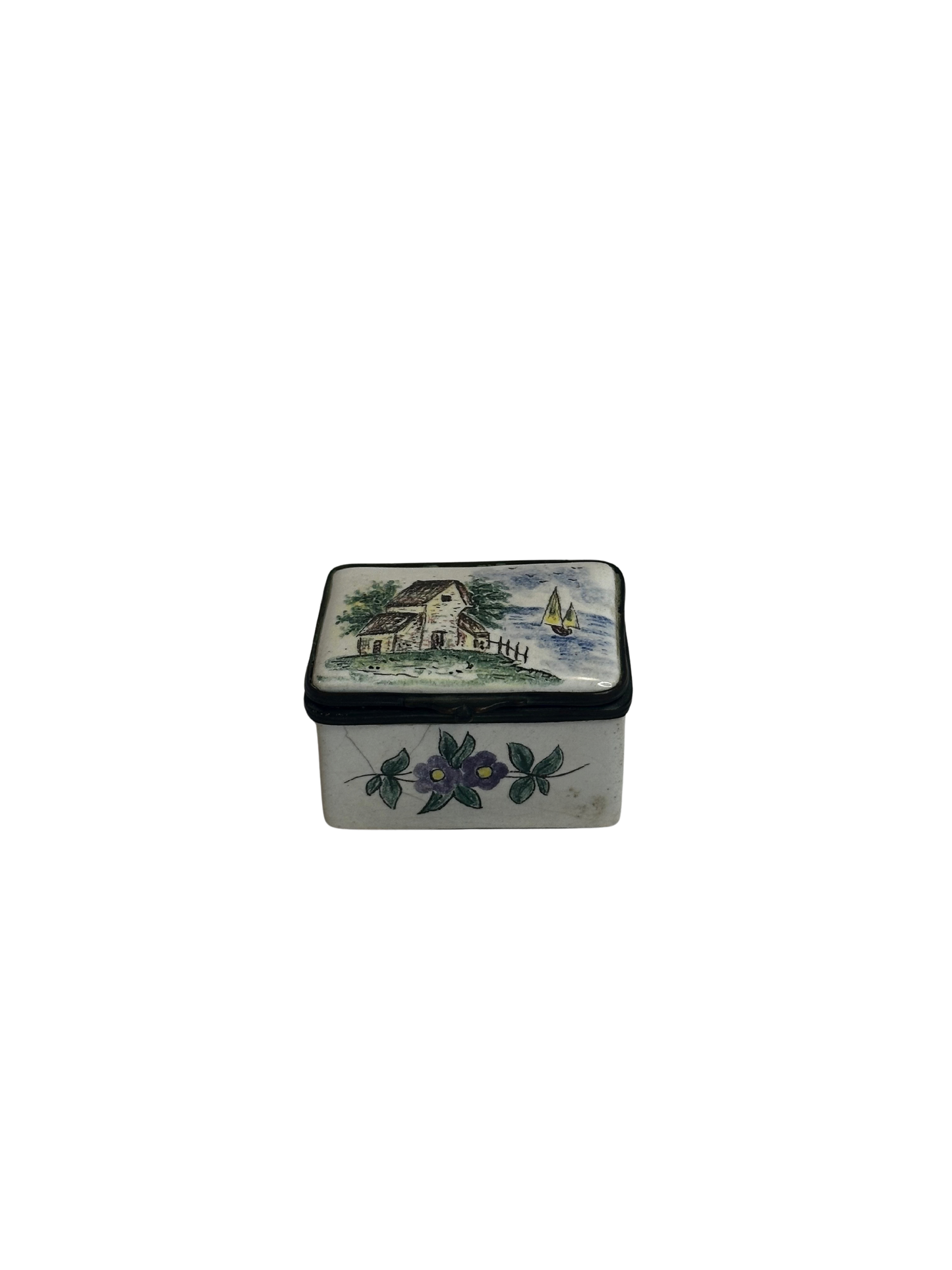Antique Enamel Rectangular Box with Hand-Painted Pastoral Scene and Floral Decoration