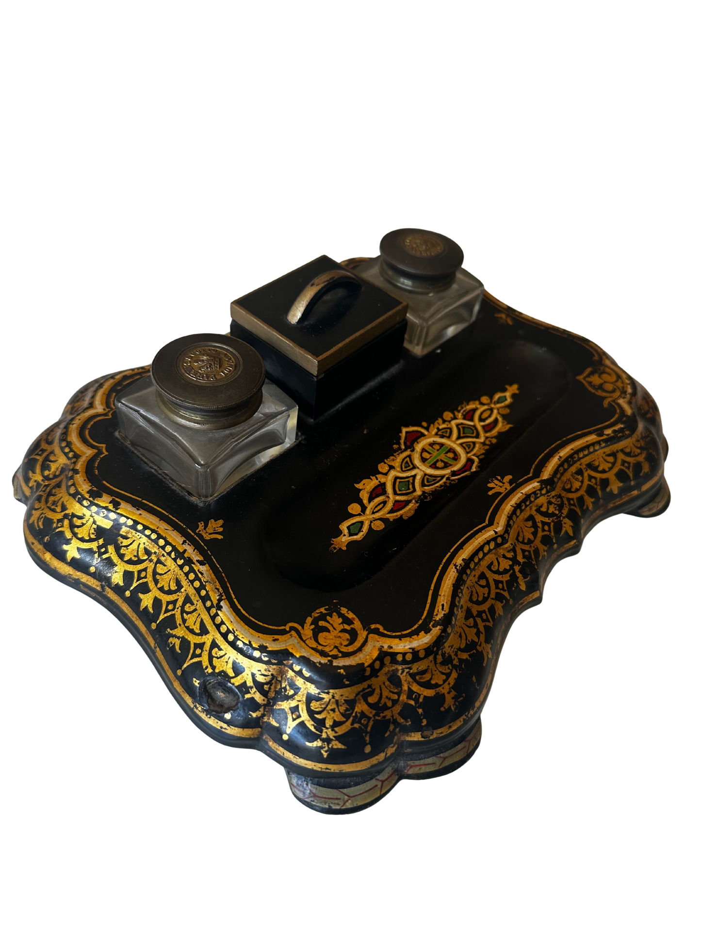 19th C Parkins & Gotto Black Lacquer Victorian Papier Mache Inkwell Set