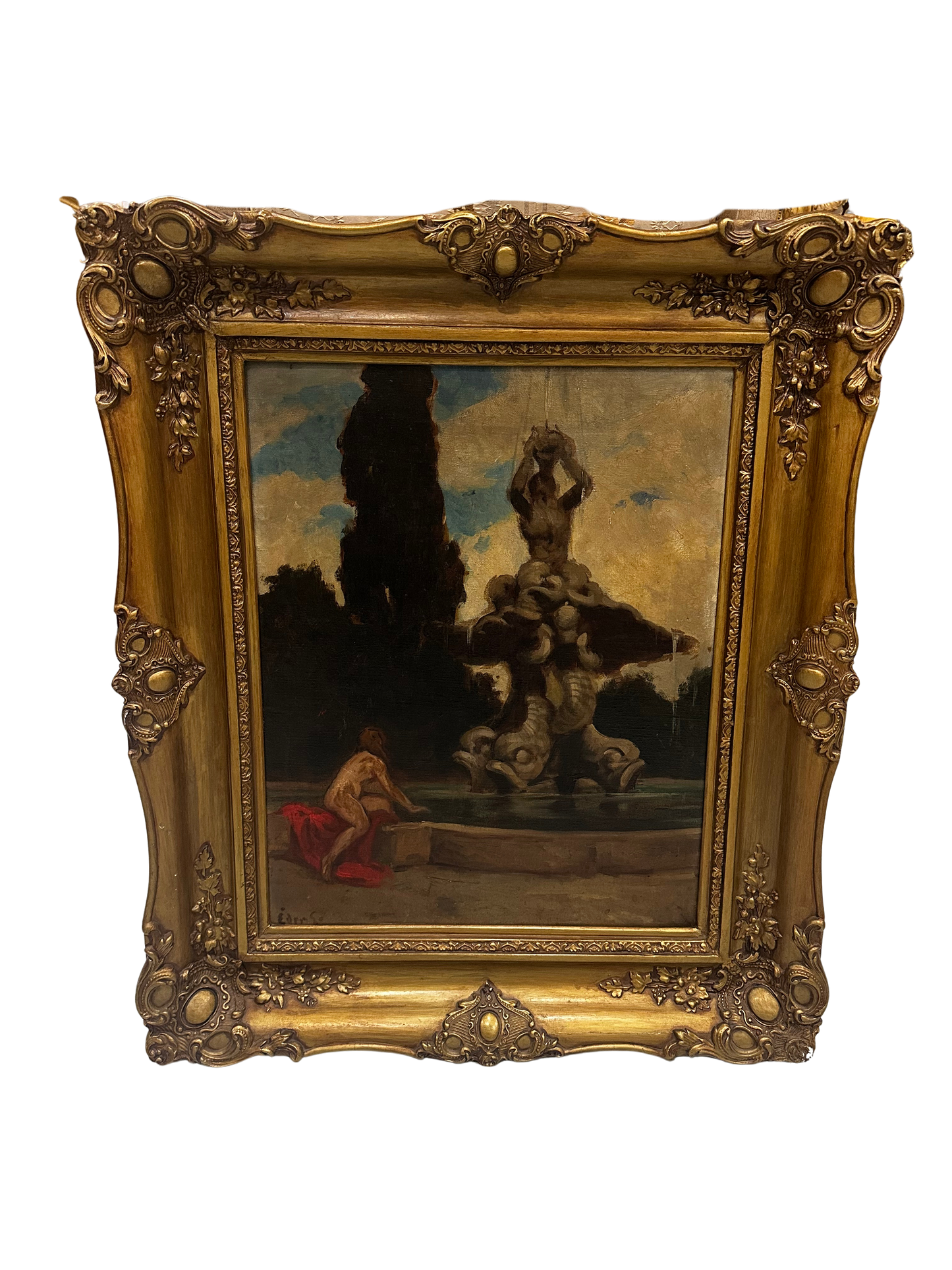 Oil on Canvas of Atmospheric Fountain Scene with Reclining Nude by Gyula Éder (1875-1945)